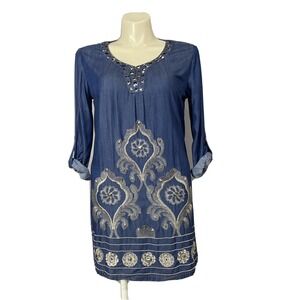 TANNA Tunic XXL Indigo Blue Beige Embellish Bead Legging Shirt Dress Roll Tab Sl